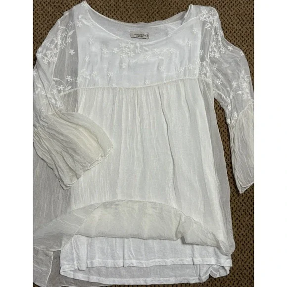 SALE! Via Signoria Italy Womens Silk Shirt White Med Embroidered Lined Boho Top - Picture 1 of 5